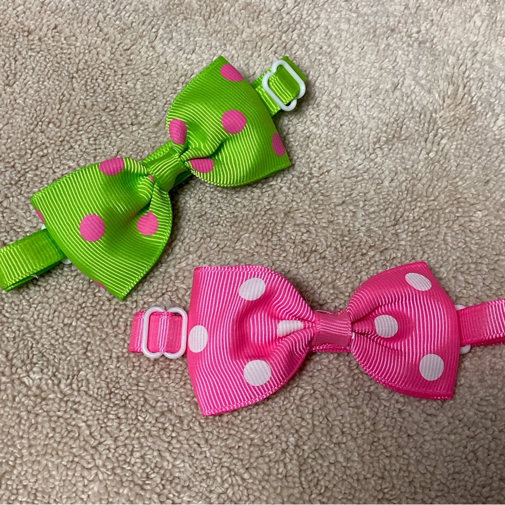 2pc Set of Pet Polka Dot Bow Ties in Lime Green Pink and white